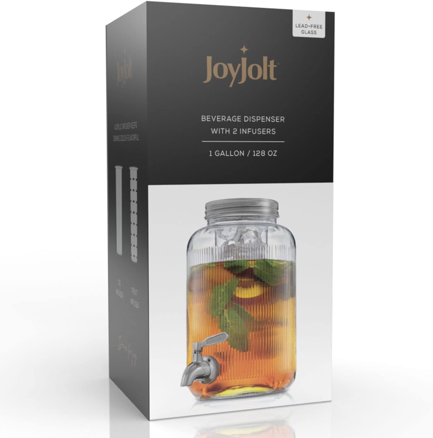 1-Gallon Drink Dispenser. Glass Beverage Dispenser with Stainless steel Spigot plus Ice Cylinder and Fruit Infuser! Water Dispenser, Lemonade Stand, Juice Container - Drink Dispensers for Parties