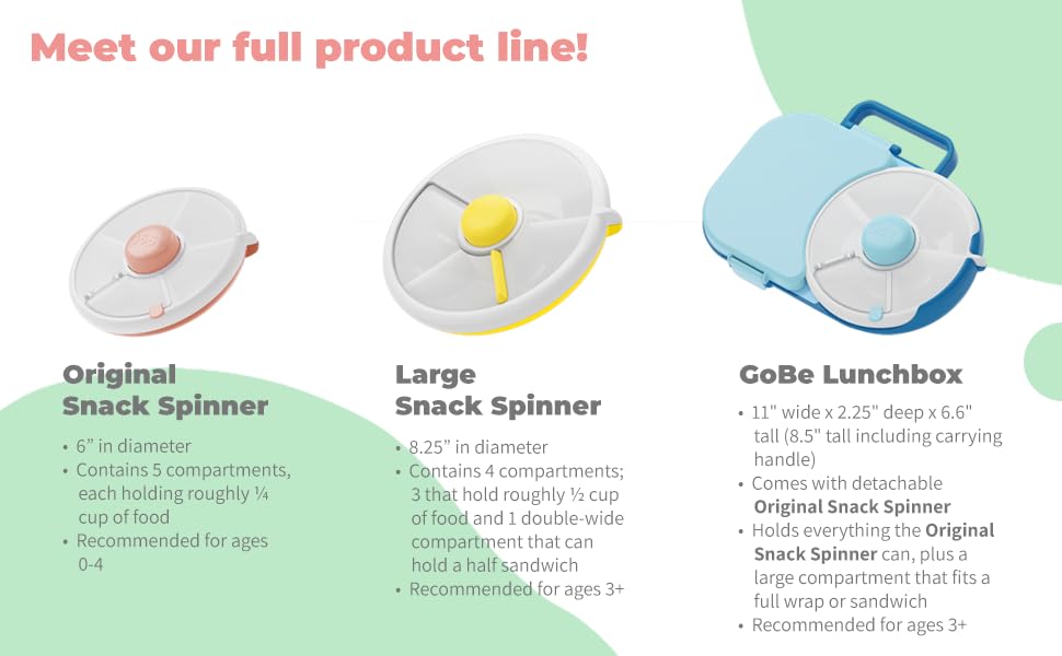 GoBe Kids Small Snack Spinner Flip Bundle with Hand Strap and Sticker Sheet - Reusable Snack Container with 5 Compartment Dispenser and Lid | BPA/PVC Free | Dishwasher Safe | No Spill- Mint Green