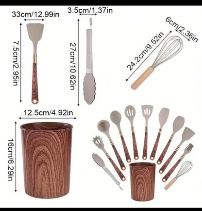 12-Piece Silicone Kitchen Utensils Set - Non-Stick Heat Resistant Cooking Tools with Wooden Handles & Holder Bucket - BPA-Free Kitchen Gadgets Set for Nonstick Cookware