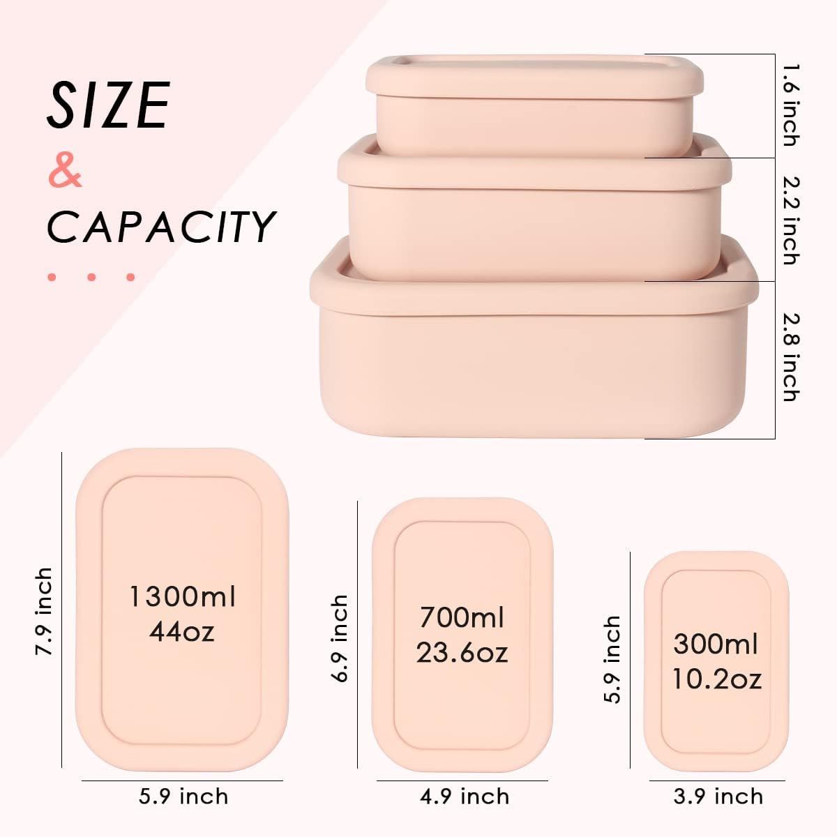 Silicone Food Storage Containers, Set of 3 Rectangular BPA-Free Silicone Lunch Box Containers with Lids, Airtight, Leak-Proof, Freezer, Microwave & Dishwasher Safe (10.2oz, 23.6oz, 44oz)