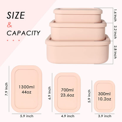 Silicone Food Storage Containers, Set of 3 Rectangular BPA-Free Silicone Lunch Box Containers with Lids, Airtight, Leak-Proof, Freezer, Microwave & Dishwasher Safe (10.2oz, 23.6oz, 44oz)