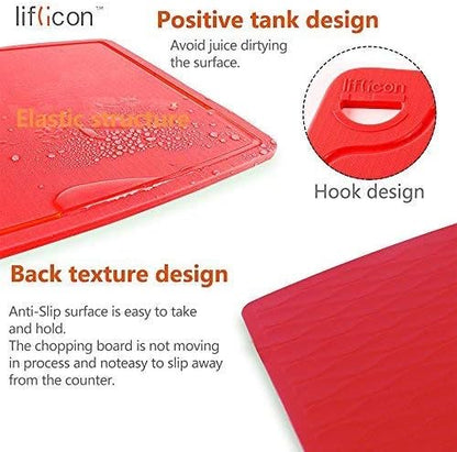 Liflicon Thick Cutting Boards for Kitchen Silicone Chopping Board Set of 2 Mid 12.6'' x 9.1”,Mini 9.1”x7.1” Non-slip Deep Drip Juice Groove Easy Grip Handle,Dishwasher Safe-Red