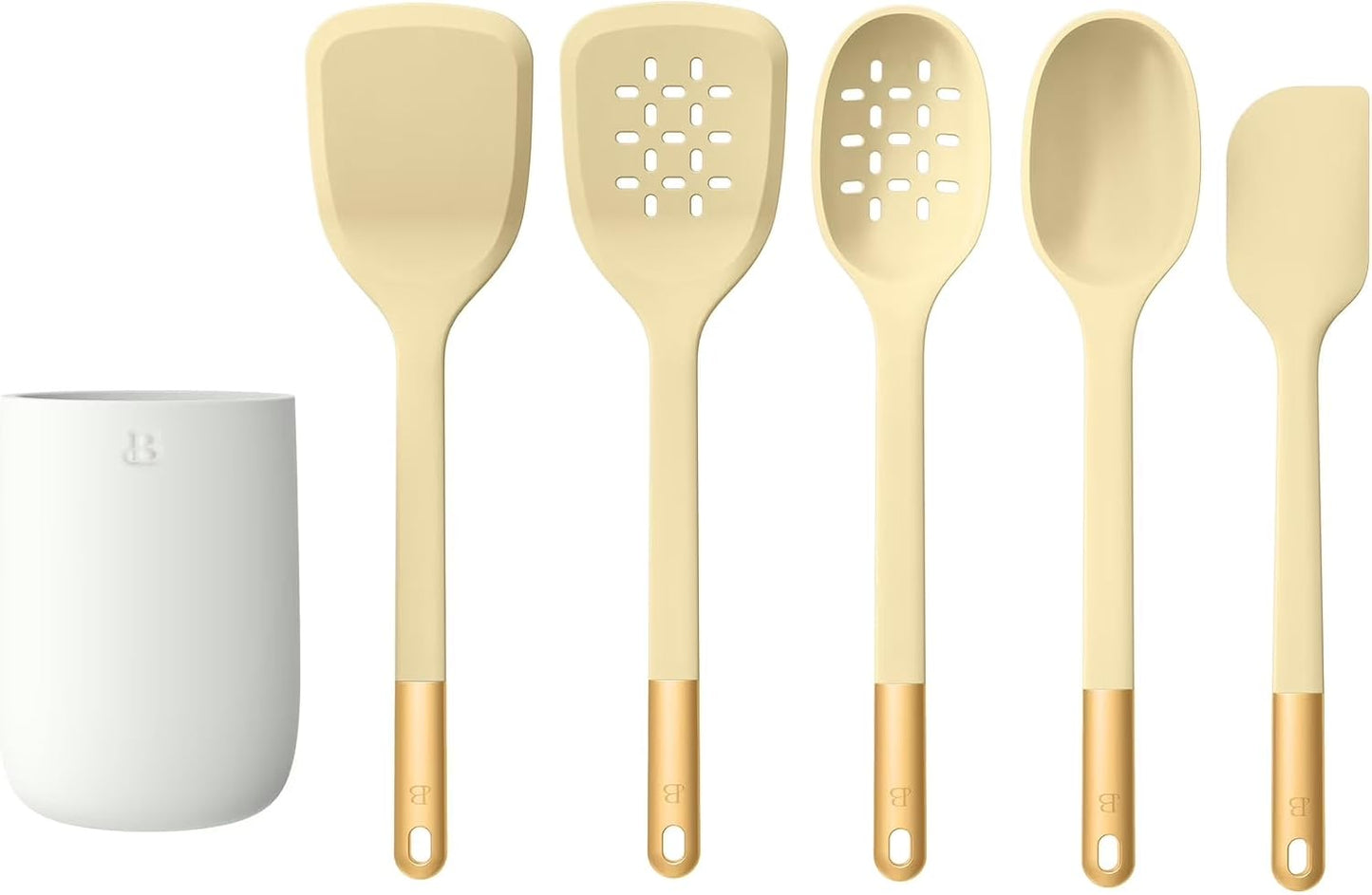 6 Piece Silicone Kitchen Utensil Set with Holder, Heat Resistant Cooking Tools, Nonstick Safe Spatula Spoon Turner Set with Ceramic Storage Crock