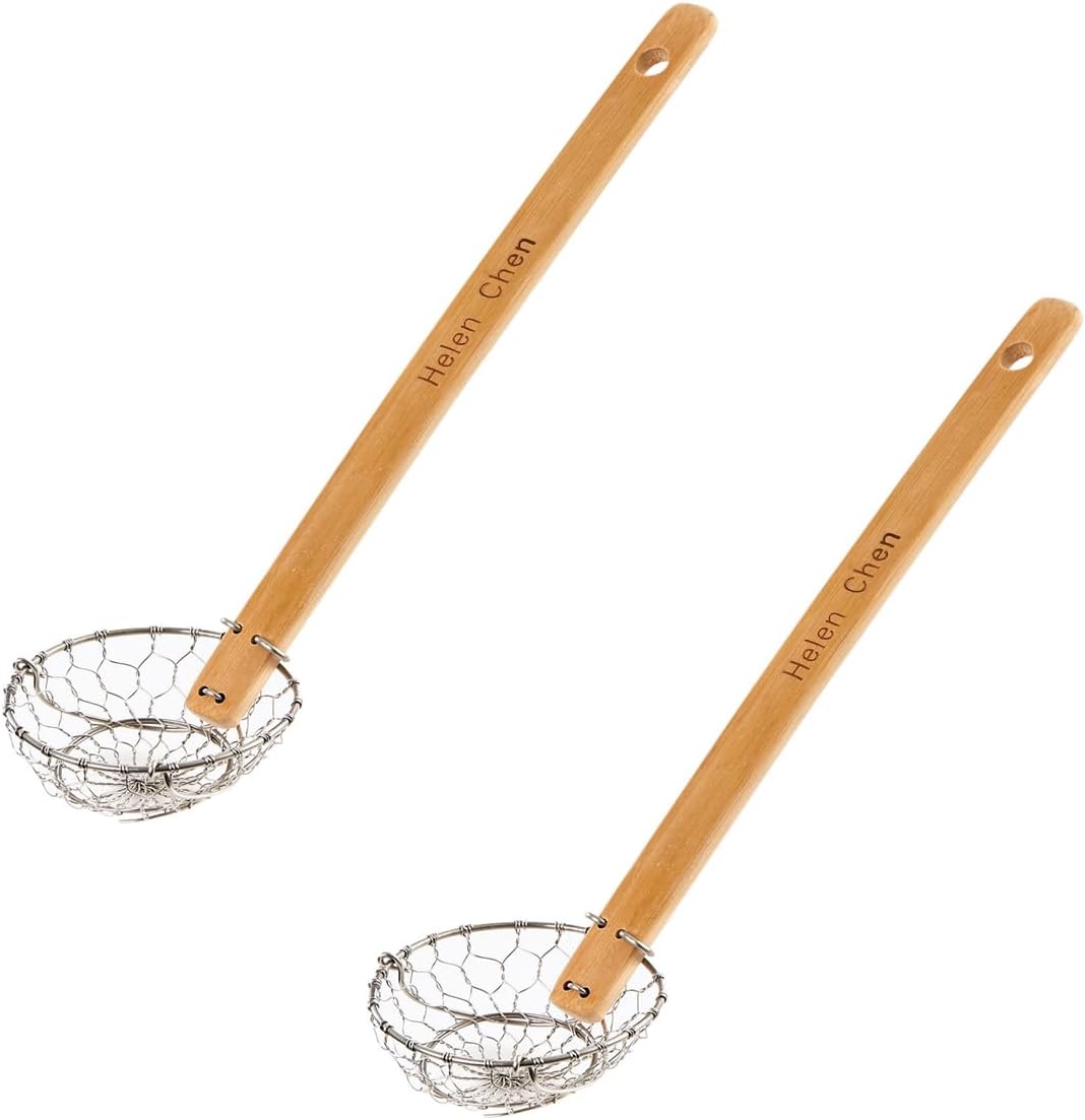 Helen's Asian Kitchen Deep Spider Strainer, 6-Inch Stainless Steel Mesh Basket With Bamboo Handle, For Noodles, Dumplings, Wontons, Deep Frying, And Draining Tasks