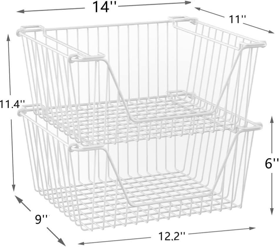 Stackable Wire Metal Baskets Sturdy Cabinet Organizer Wire Pantry Freezer Bin with Handle for Kitchen Fruit Vegetable Organization, Black, 3Packs