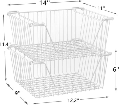 Stackable Wire Metal Baskets Sturdy Cabinet Organizer Wire Pantry Freezer Bin with Handle for Kitchen Fruit Vegetable Organization, Black, 3Packs