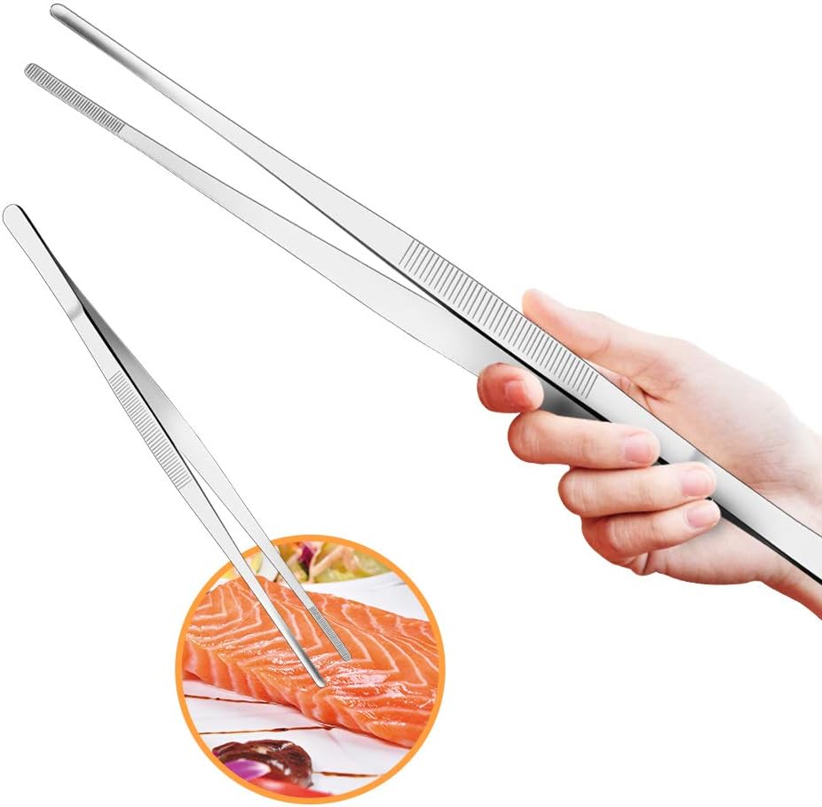 Kitchen Tweezers Stainless Steel 8 Inch Long Tweezers Tongs, Heavy Duty large food tweezers with Precision Serrated Tips for Cooking(8" Straight+Curved)