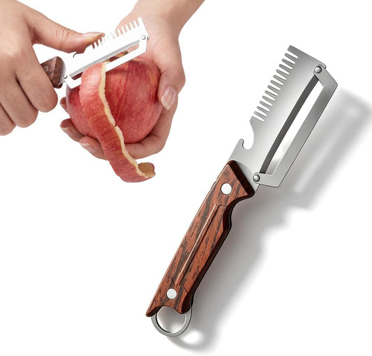 Multi-Functional Vegetable Peeler for Kitchen,3-in-1 Stainless Steel Peeler With Wooden Handle & Bottle Opener &Scallion shredder,Kitchen Gadgets For Fruit Pumpkin Peeling Potato Carrot Peeler