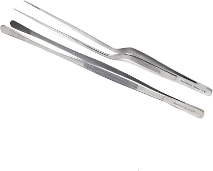 A2Z 2Pc Precision Kitchen Culinary Tweezer Tongs Set, Stainless Steel Offset Handle & Wide Jaws Chef Plating Tweezers for Plating Small Delicate Foods, Cooking, Grilling Serving Tongs - 12 inch