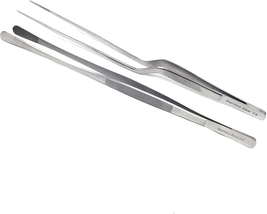 A2Z 2Pc Precision Kitchen Culinary Tweezer Tongs Set, Stainless Steel Offset Handle & Wide Jaws Chef Plating Tweezers for Plating Small Delicate Foods, Cooking, Grilling Serving Tongs - 12 inch