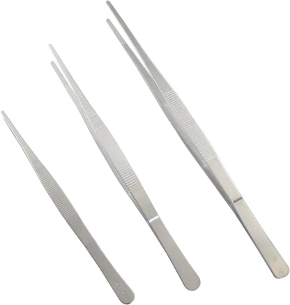 3-Pack Long Tweezers, 8", 10", 12" | Precision Serrated Straight Tips, 304 Stainless Steel, Non-slip, For Cooking, Repair & Garden Use