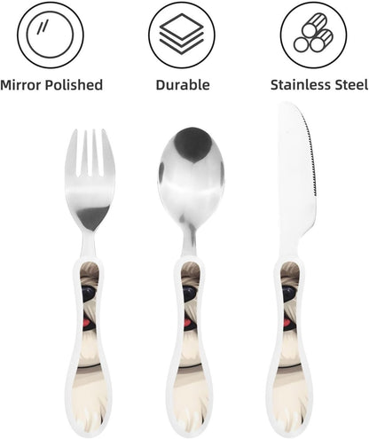 3-Piece Kids Silverware Set With Storage Case, Stainless Steel Reusable Children Safe Knife Spoon Fork Set Shih Tzu Dog Children Flatware Set For Kids Lunch Box