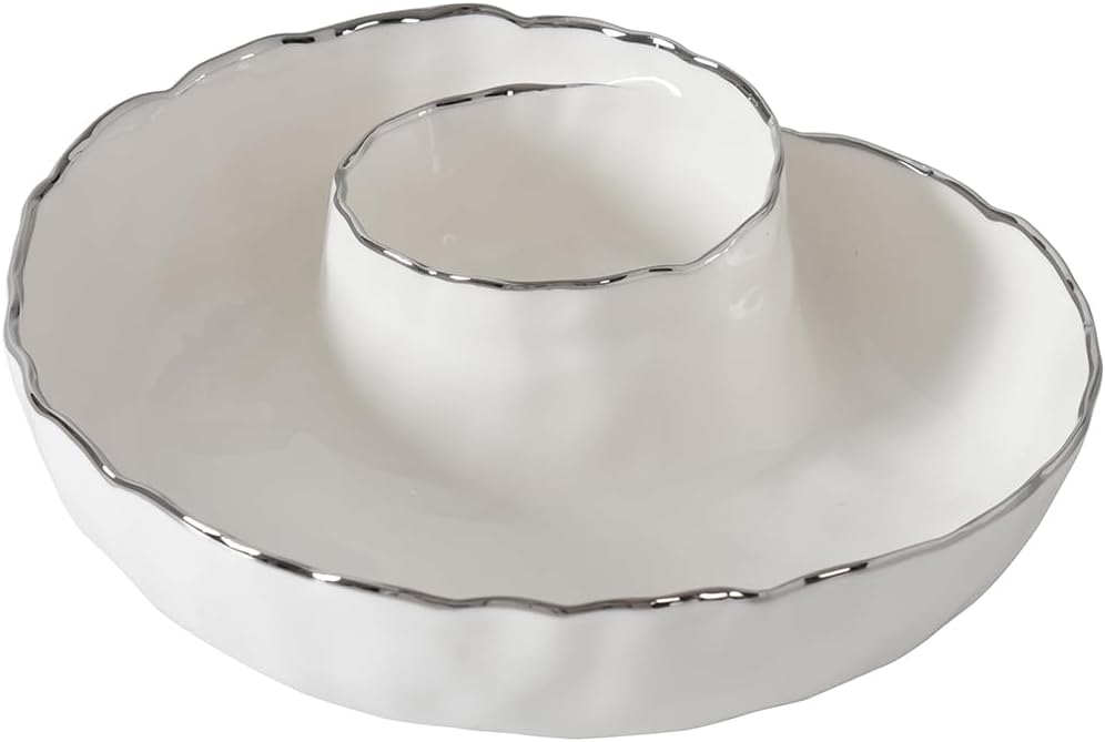 Pampa Bay Portofino Plata, Round Chip & Dip, 9.5” D x 2.75" (White and Gold)