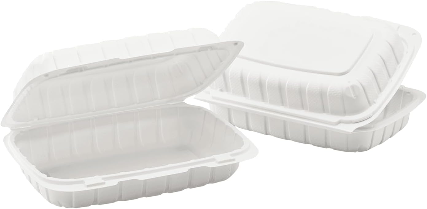 KARAT EARTH Clamshell Take Out Food Containers [8"x8" - 200 ct] To Go Containers | 3 Compartment, Soak-Resistant, Durable, Stackable | Vented for Hot/Cold Foods, White