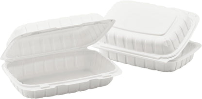 KARAT EARTH Clamshell Take Out Food Containers [8"x8" - 200 ct] To Go Containers | 3 Compartment, Soak-Resistant, Durable, Stackable | Vented for Hot/Cold Foods, White