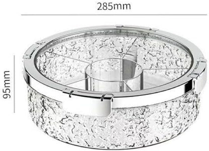 Rotating Divided Serving Tray with Lid, Clear Glacier Pattern Snack Box, Sealed Nut and Candy Storage Container, Round Fruit Platter for Party