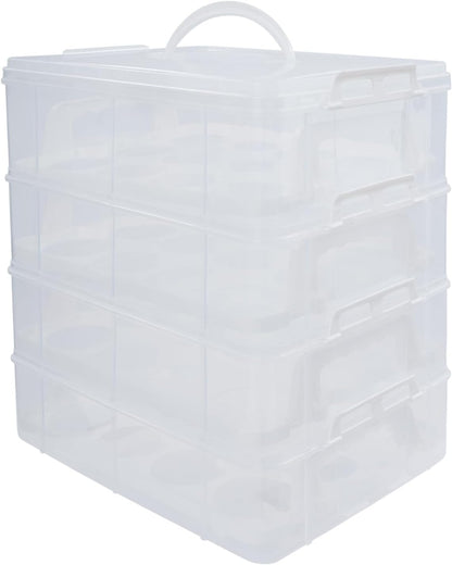 4-Tier Cupcake Carrier with Removable Stackable Layers - Cake Holder and Transport Container with Lid & Handle, Stores 48 Cupcakes for Parties, Baking, Events, Dessert Display, White