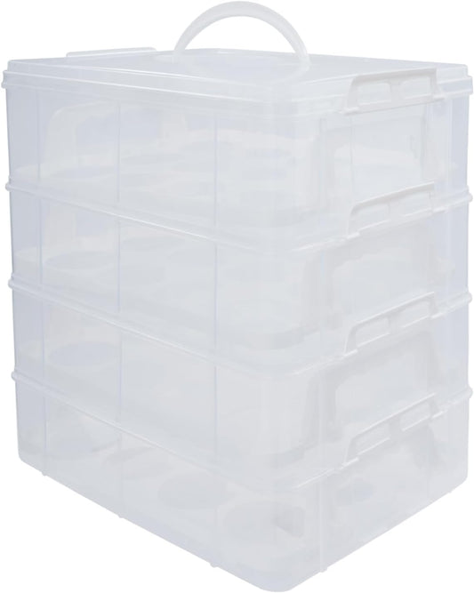 4-Tier Cupcake Carrier with Removable Stackable Layers - Cake Holder and Transport Container with Lid & Handle, Stores 48 Cupcakes for Parties, Baking, Events, Dessert Display, White