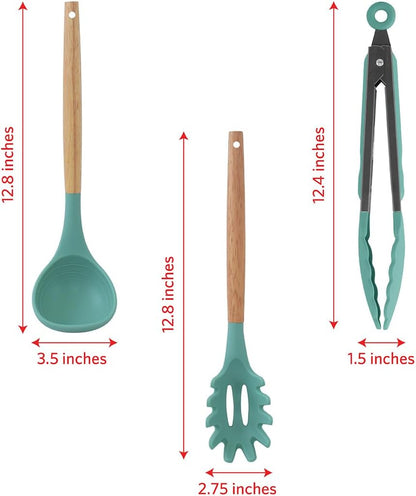 Glad Silicone Kitchen Utensils Set, 8pcs - Nonstick Cooking Tools with Wooden Handles and Utensil Holder - Spatula Set with Turner, Ladle, Spoons, Tongs, and Spaghetti Server - Beige