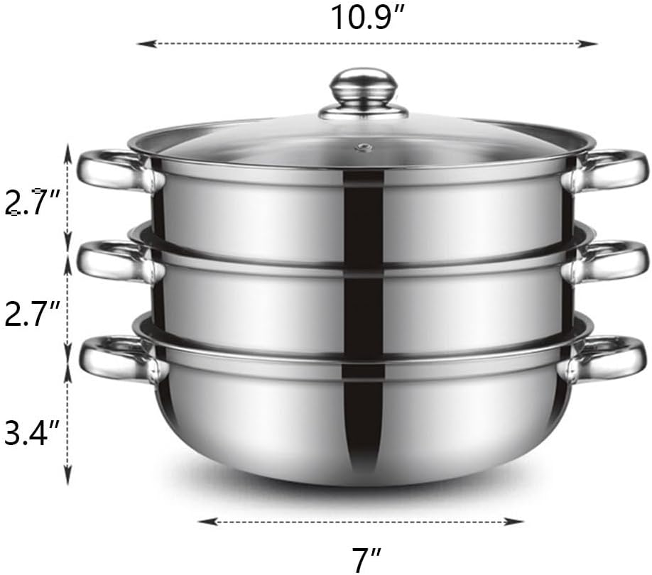 Steamer Pot for Cooking 11 inch Stainless Steel, 3-tier Multipurpose 18/8 Stainless Steel Steam Pot Cookware with Lid for Vegetable, Dumpling, Stock, Sauce, Food