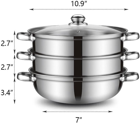 Steamer Pot for Cooking 11 inch Stainless Steel, 3-tier Multipurpose 18/8 Stainless Steel Steam Pot Cookware with Lid for Vegetable, Dumpling, Stock, Sauce, Food