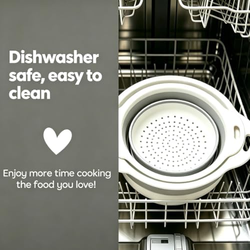 AUOON Clip On Strainer Silicone for All Pots and Pans (Black, Standard) & AUOON Collapsible Colander Set (3QT + 4QT) with Draining Base (White+Gray)
