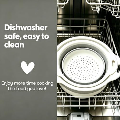 AUOON Clip On Strainer Silicone for All Pots and Pans (Black, Standard) & AUOON Collapsible Colander Set (3QT + 4QT) with Draining Base (White+Gray)