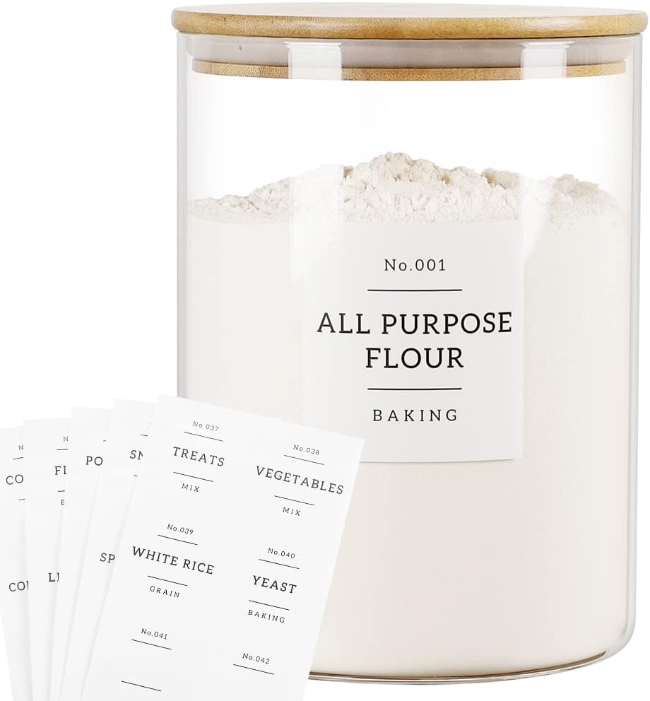 Large glass flour and sugar containers with 132 Kitchen Pantry Labels - 110 oz Glass Food Storage Containers with Airtight Lids - Square Glass Jars with Bamboo Lids for Rice, Pasta, Cookies, grain