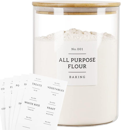 Large glass flour and sugar containers with 132 Kitchen Pantry Labels - 110 oz Glass Food Storage Containers with Airtight Lids - Square Glass Jars with Bamboo Lids for Rice, Pasta, Cookies, grain