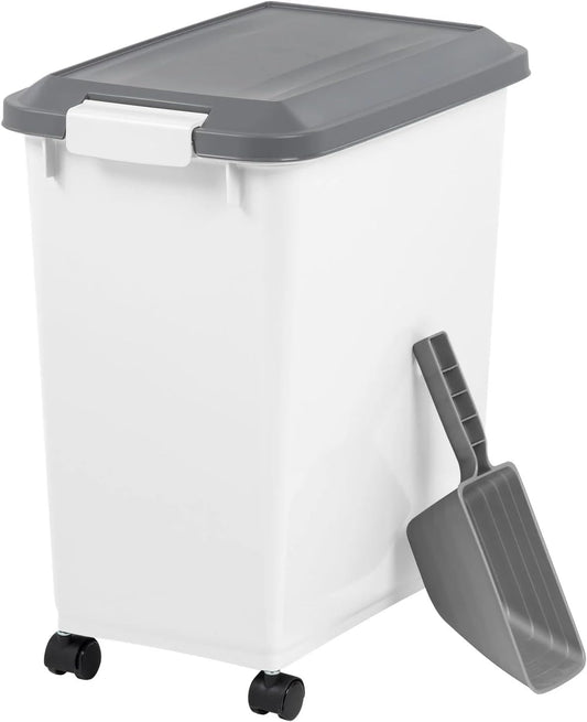 Airtight Pet Food Storage Container with Wheels and Scoop, Moisture-Proof Dog Cat Food Bin, Easy-Moving Kitchen Pantry Organizer (30 lb)