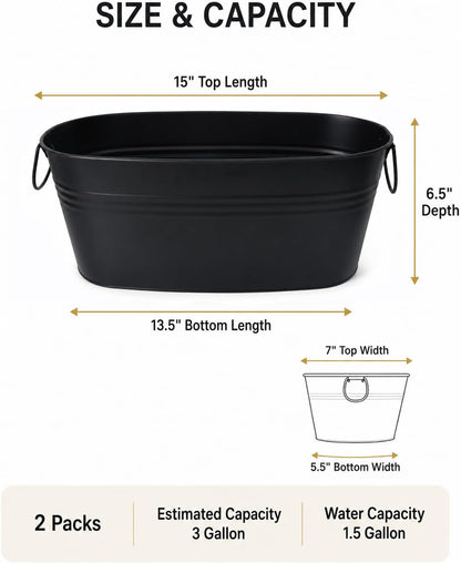 2 Pack 3 Gallon Galvanized Tub Ice Bucket, 15x7x6.5" Metal Drink Buckets for Parties, Leak-Proof Beer Beverage Tubs with Handles for Champagne Wine Mimosa Bar Supplies (White)