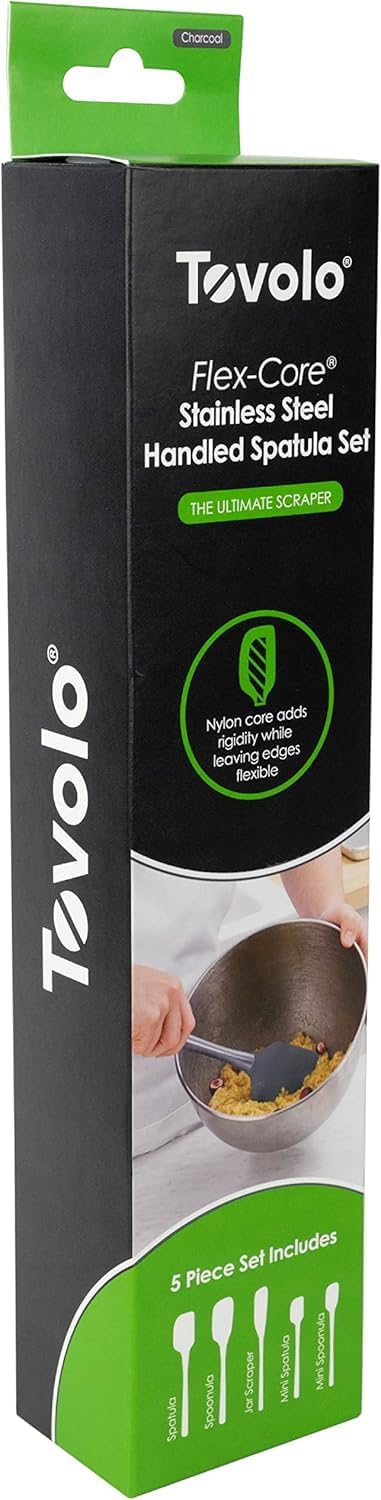 Tovolo Flex Core 5 Piece Silicone Spatula Set Heat Resistant All Silicone Utensils Include Non Stick Spatula Spoonula Jar Scraper, Dishwasher Safe BPA Free Spatulas for Baking Mixing, White
