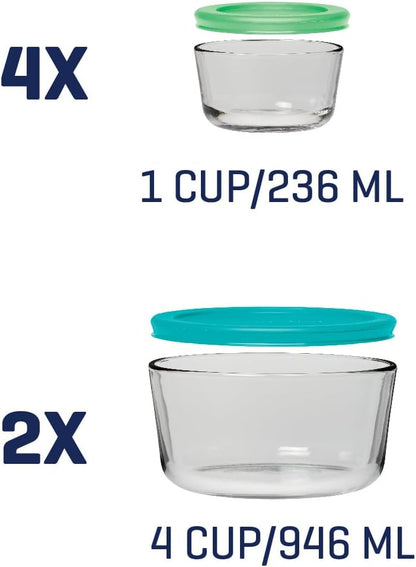 Anchor Hocking 12 Piece Glass Storage Containers with Lids (6 Glass Food Storage Containers & 6 Navy Blue SnugFit Lids)