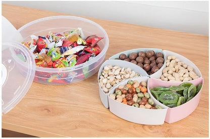 Snack Box with Lid and Handle, Divided Tray Large Round Plastic, Colorful Compartments Serving Box for Biscuit,Candy,Nut,Picnic,Party Food Container, Easy Distinguish Sealed Fruit Organizer Platter