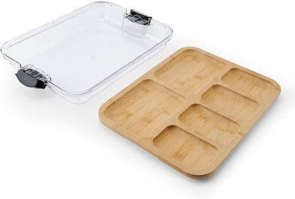 Farberware Build-A-Board Bamboo Cutting Board with Built-In Compartments & Clear Locking Lid, Black Handles, Charcuterie, Snack Tray, Food Prep and Serving Platter