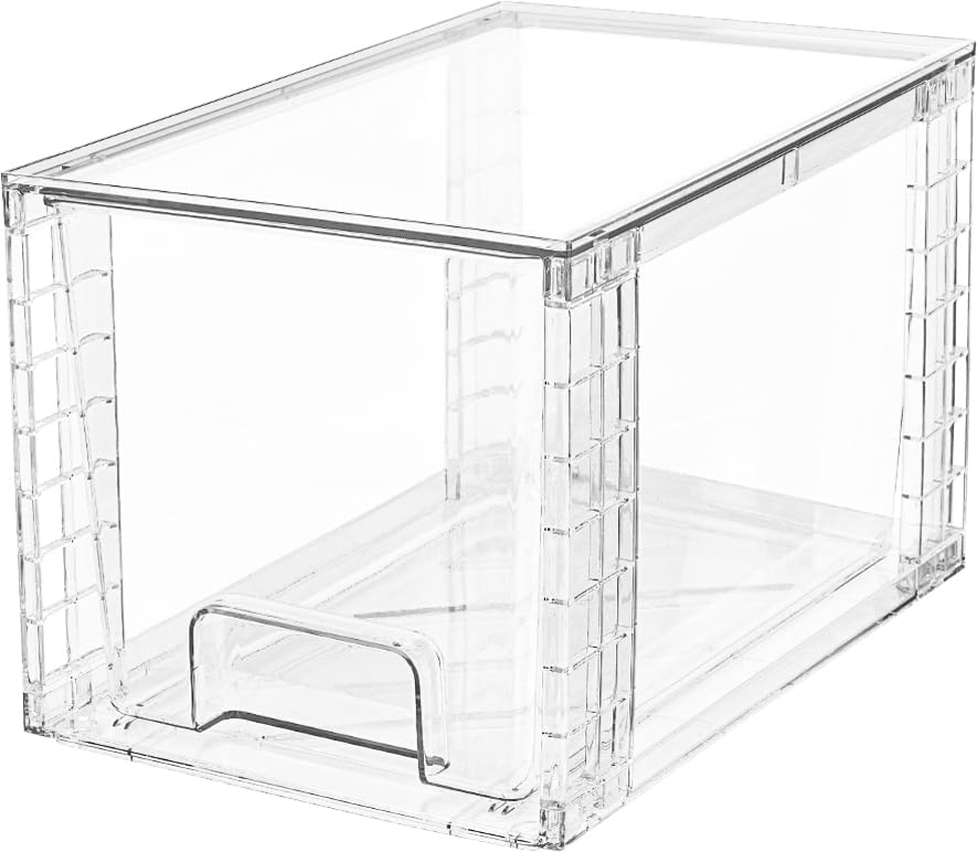 4Pack Large Stackable Kitchen Storage Drawers, Clear Foods Organizer Bins with Handles, Easily Assemble for Bathroom, Kitchen, Pantry, Cabinet, Closet(XL-UP Handle)