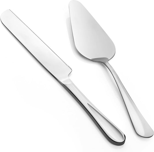 2-Piece Premium Cake Cutting Set, Exquisite Knife and Server with Serrated Design, Includes Cake Knife and Pie Spatula for Pastry, Pizza and Desserts (Silver)