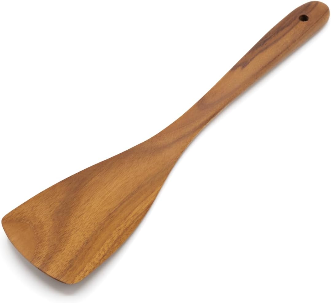 FAAY 13.5" Right-Hand Teak Spatula for Wok - Extra Wide 3.15" Head, Thin Edge Turner for Nonstick Pans, Coconut Oil Finish, Thai Handcrafted Wood