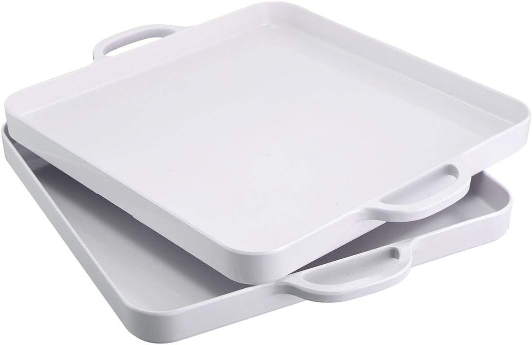 i BKGOO Foodservice Red Plastic Tray with Handle Set of 2 Large Melamine Cube Serving Platters for Parties, Table, Kitchen Size(12.5"x12.5"x1")