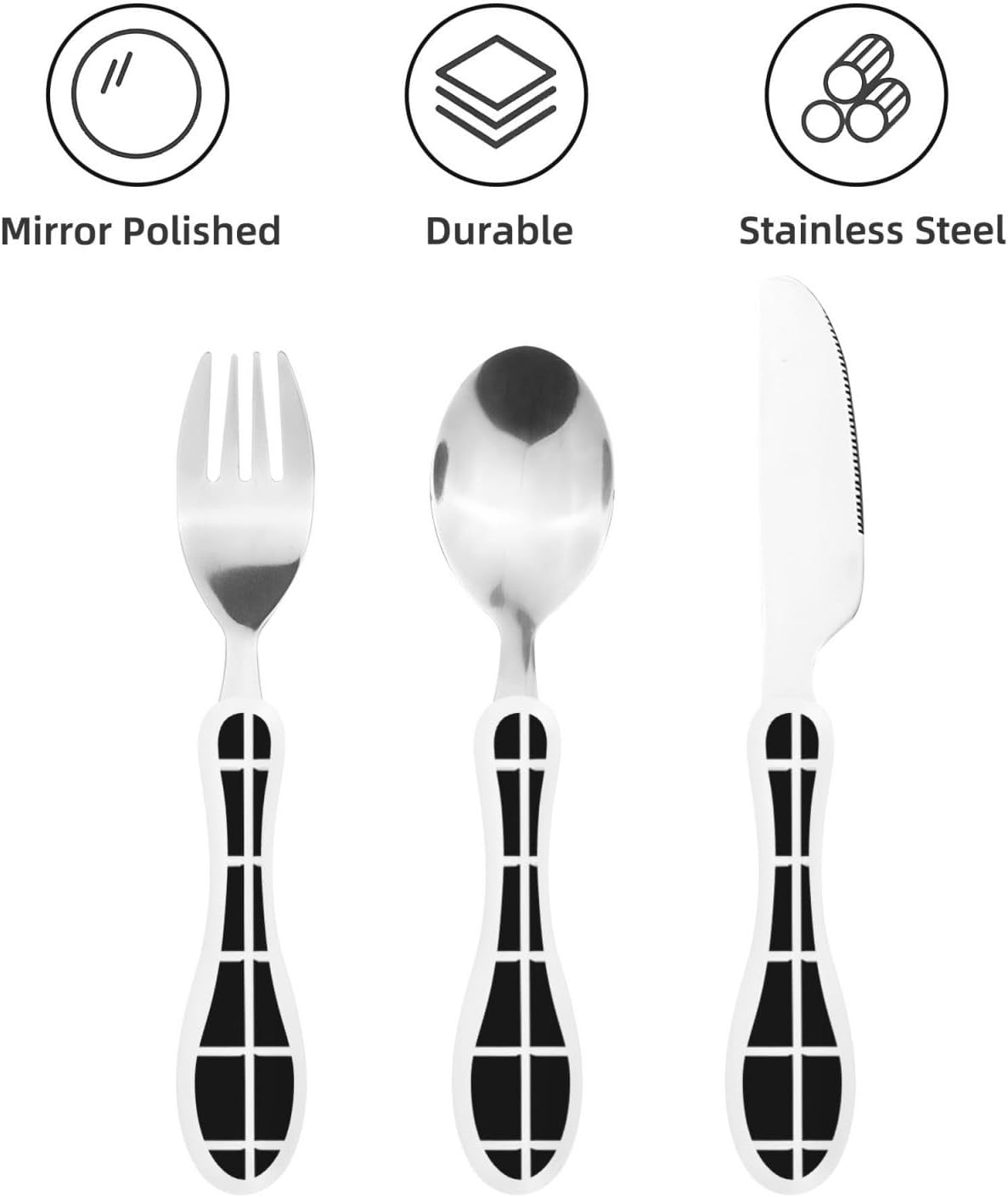3-Piece Kids Silverware Set With Storage Case, Stainless Steel Reusable Children Safe Knife Spoon Fork Set Black And White Grid Children Flatware Set For Kids Lunch Box