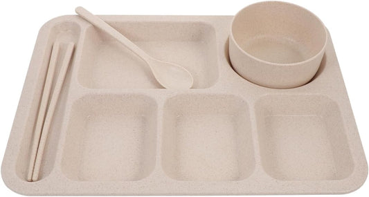 Cabilock Meal Prep Container Wheat Straw Divided Plates Divided Dinner Tray Beige Sections Dinner Plates with Bowl Spoon Chopsticks Cutlery Tableware for Adults Portion Control Plates