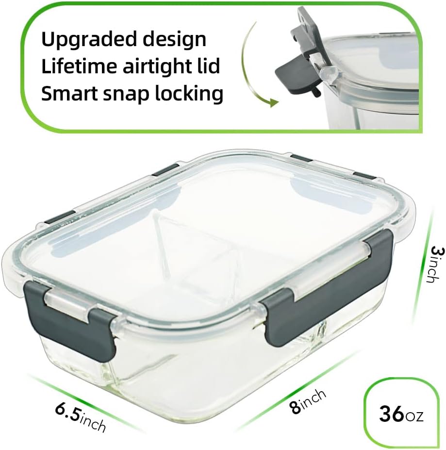 DAS TRUST [5-Packs, 36 Oz. Glass Meal Prep Containers with Locking Lids Glass Food Containers,Airtight Lunch Container,Microwave, Oven, Freezer and Dishwasher (4.5 Cup, Clear)