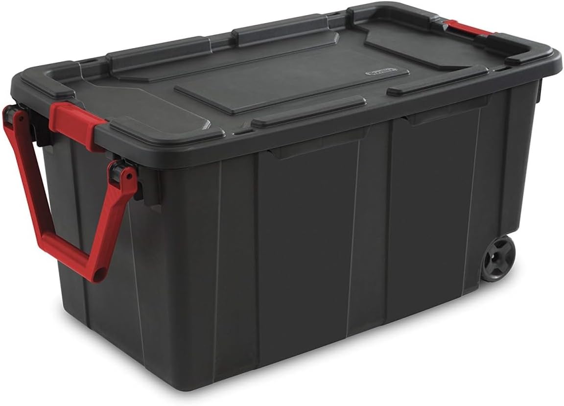 Sterilite Heavy Duty 40 Gallon Wheeled Industrial Storage Tote, 4-Pack, Black