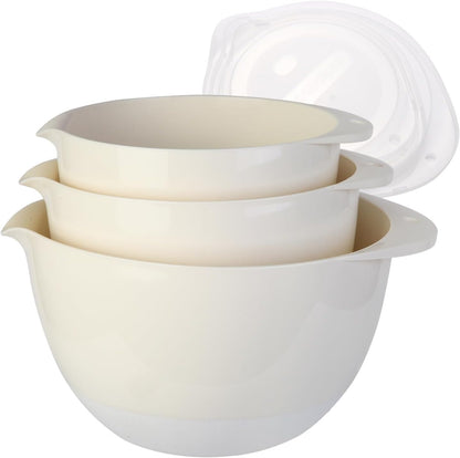 3 Plastic Mixing Bowls with Lids,Pour Spout,TPR Bottom,Mixing Bowl Set,Deep Nesting Small Batter Bowl for Serving,Prep,Baking,Non Slip,Dishwasher Safe,Easy to Grip/Spout,Pale Blue