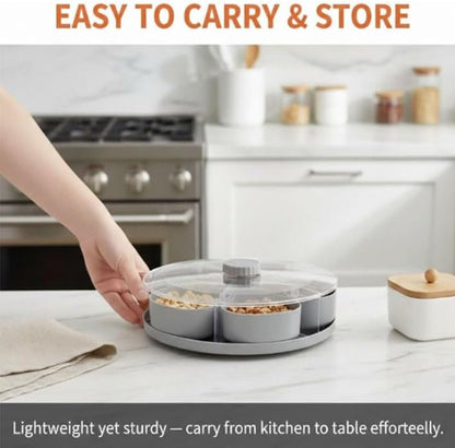 Divided Serving Tray that Spins – Multi-Compartment Rotating Snack Tray with Lid, Lazy Susan Organizer for Snacks, Dips, Fruit, Nuts, and Appetizers – Perfect for Kitchen, Travel & Picnics (Pink)