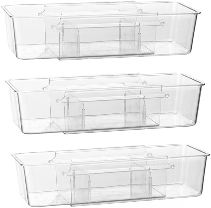Expandable Desk Drawer Organizer Bins with Removable Dividers, Clear & Durable BPA-Free PET Plastic, for Vanity, Kitchen, Bathroom, Office, and Bedroom Storage, 3-Pack