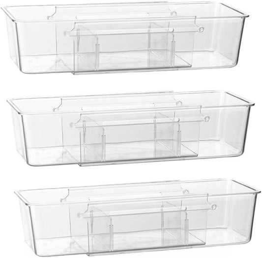 Expandable Desk Drawer Organizer Bins with Removable Dividers, Clear & Durable BPA-Free PET Plastic, for Vanity, Kitchen, Bathroom, Office, and Bedroom Storage, 3-Pack
