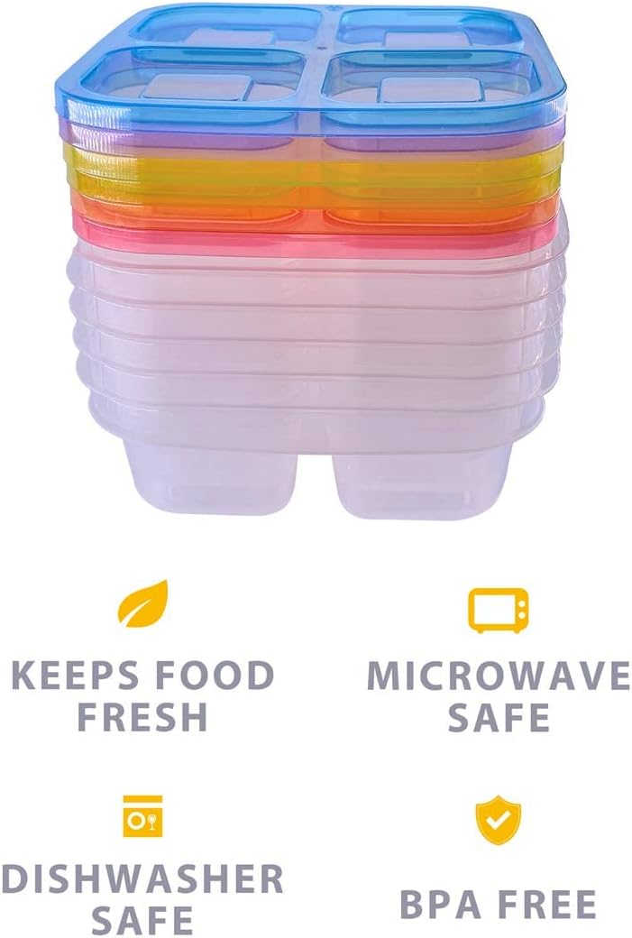 Finorder 6 Pack 4-Compartment Snack Containers, Reusable Food Containers for Kids School, Adults Office, Picnic Trip, Lunch Bento Box Meal Prep Containers (Bright Color Set)