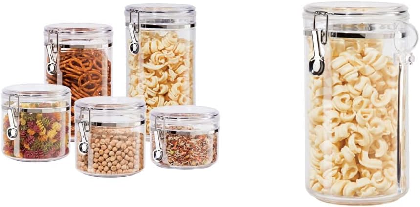 Oggi 4pc Clear Canister Set with Clamp Lids & Spoons - Airtight Food Storage Containers, Ideal for Kitchen & Pantry Storage of Bulk, Dry Food Including Flour, Sugar, Coffee, Rice, Tea, Spices & Herbs