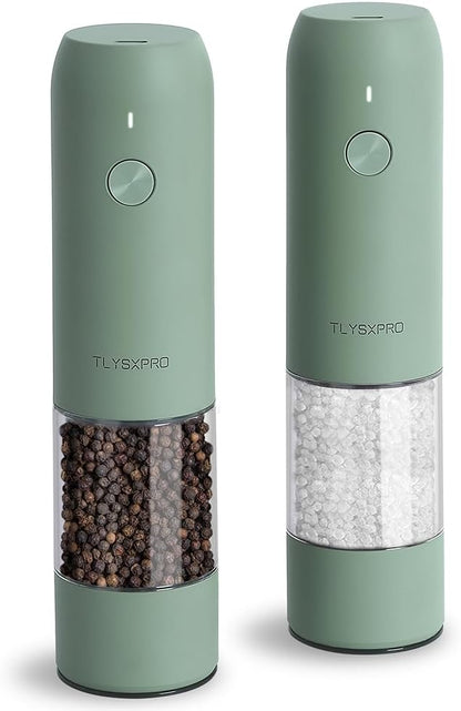 Electric Salt and Pepper Grinder Set, USB Rechargeable, Automatic Salt and Pepper Mill Grinder with Adjustable Coarseness, Electric Salt Shakers, LED Light, Refillable (2 Packs, Greige)